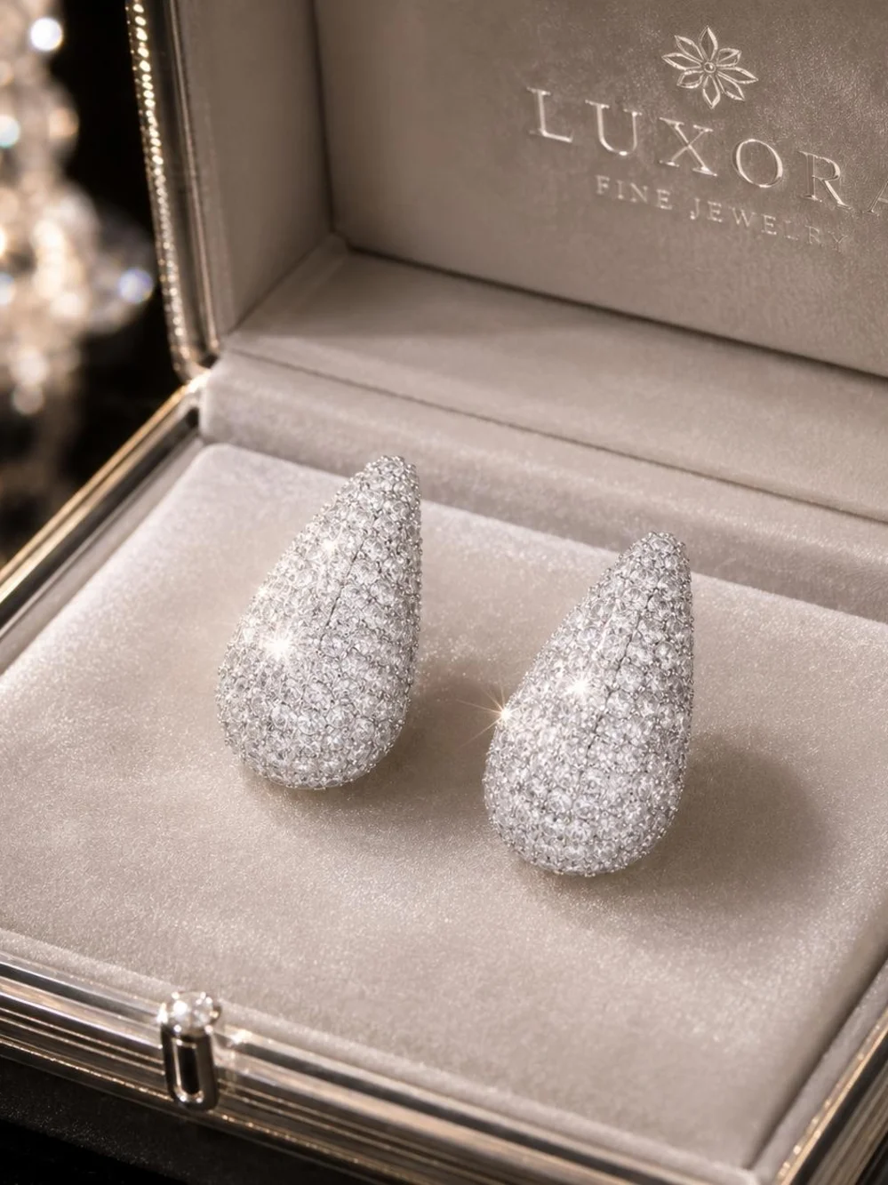 Silver Pave Teardrop Hoop Earrings - Picture 2 of 4